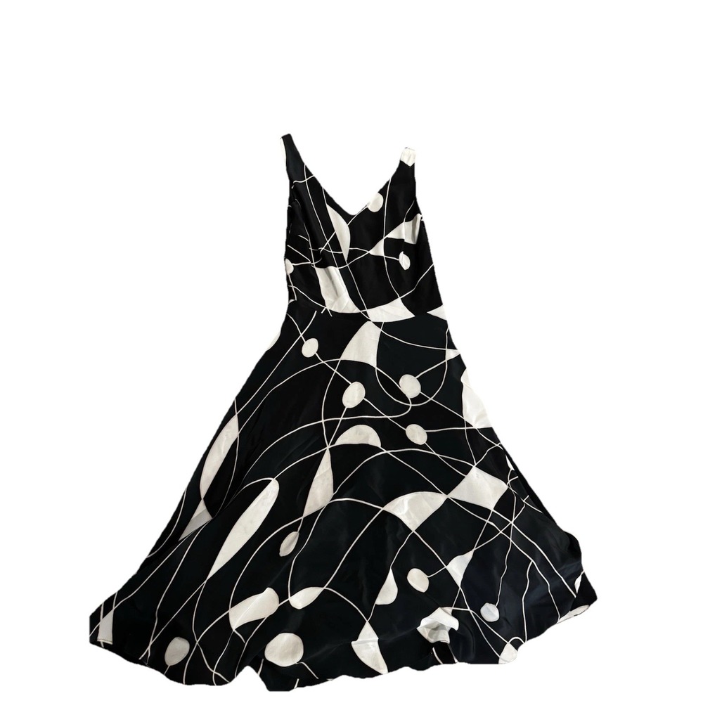 VTG Sue Wong Black White Op Art Cocktail Midi Geometric Abstract Silk Dress 4 S